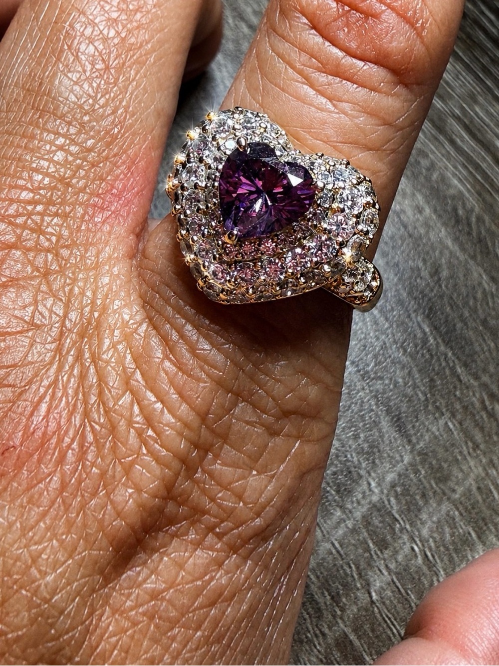 Purple Heart Crystal Gold-Filled Cocktail Ring – Size 9